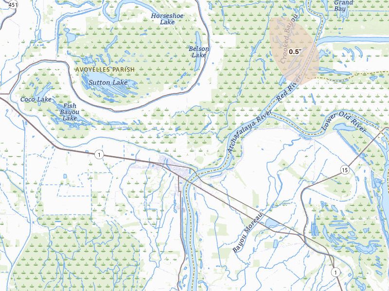 Radar-estimated hail-size map of the storm over Bordelonville, LA on Jul 5, 2026