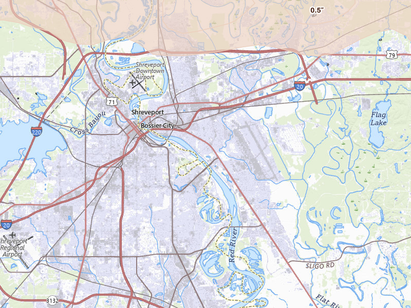 Radar-estimated hail-size map of the storm over Bossier City, LA on Mar 15, 2026