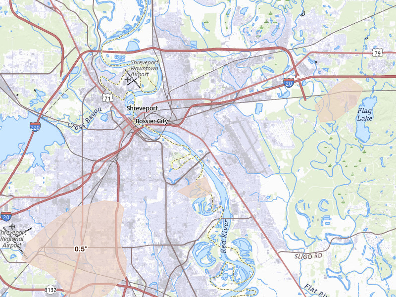 Radar-estimated hail-size map of the storm over Bossier City, LA on May 22, 2026