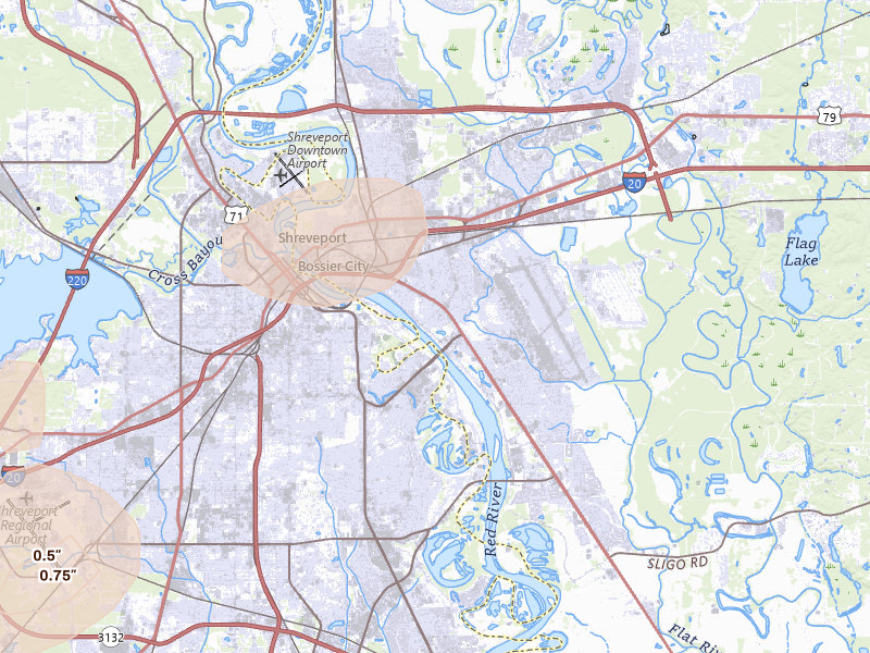 Radar-estimated hail-size map of the storm over Bossier City, LA on Jun 2, 2026