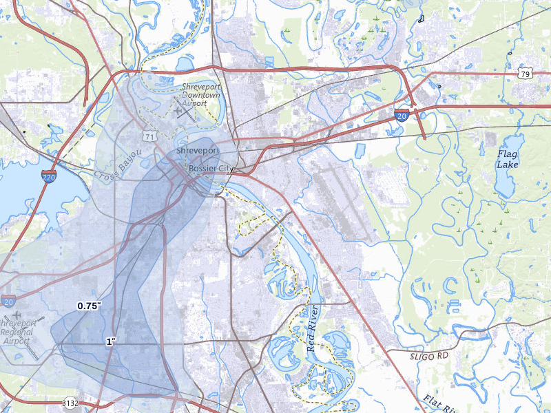 NEXRAD radar-signature map of the hail over Bossier City, LA