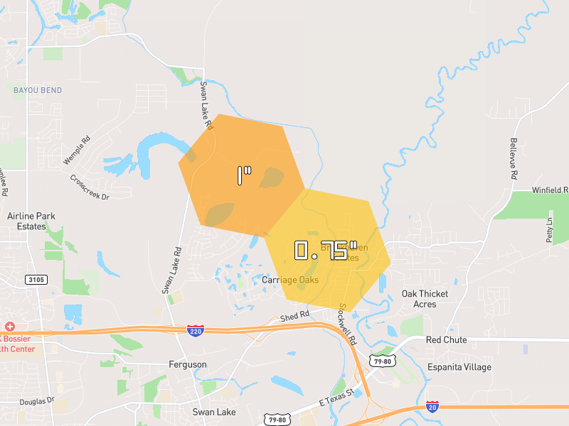 Hail map of Bossier City, LA on Jul 5, 2026, hail up to 1"
