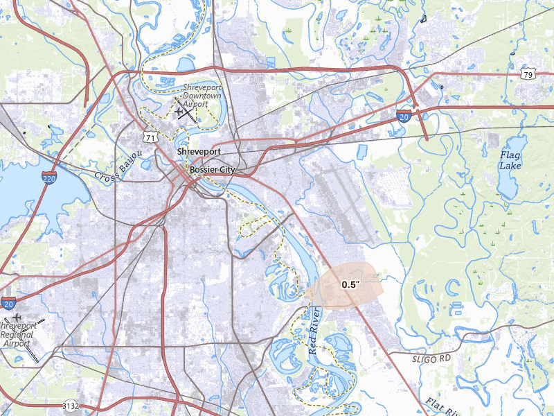 Radar-estimated hail-size map of the storm over Bossier City, LA on Jul 7, 2026