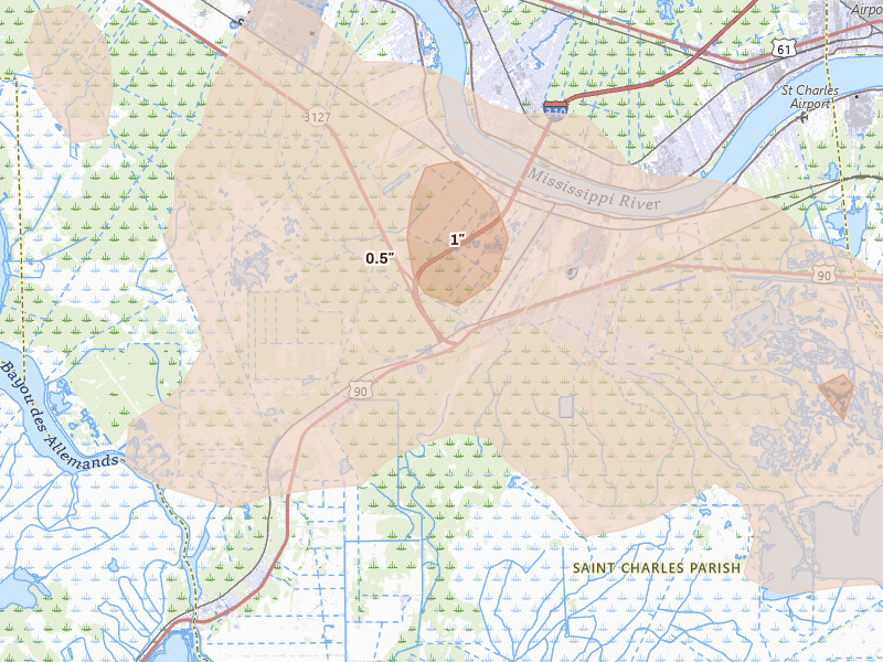 Radar-estimated hail-size map of the storm over Boutte, LA on May 8, 2026