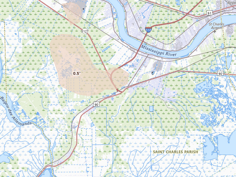 Radar-estimated hail-size map of the storm over Boutte, LA on Jul 1, 2026