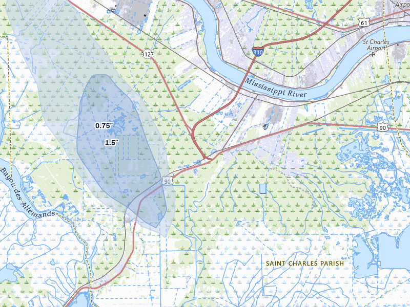 NEXRAD radar-signature map of the hail storm over Boutte, LA on Jul 1, 2026