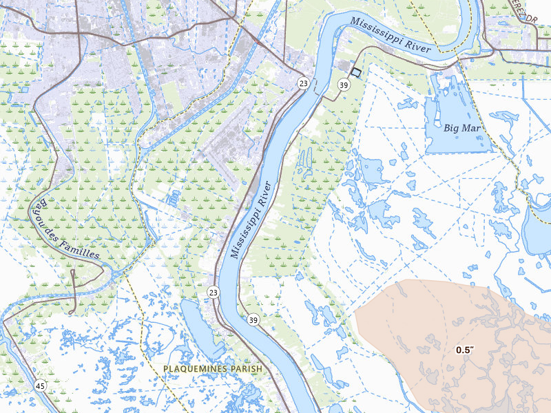 Radar-estimated hail-size map of the storm over Braithwaite, LA on Apr 25, 2026