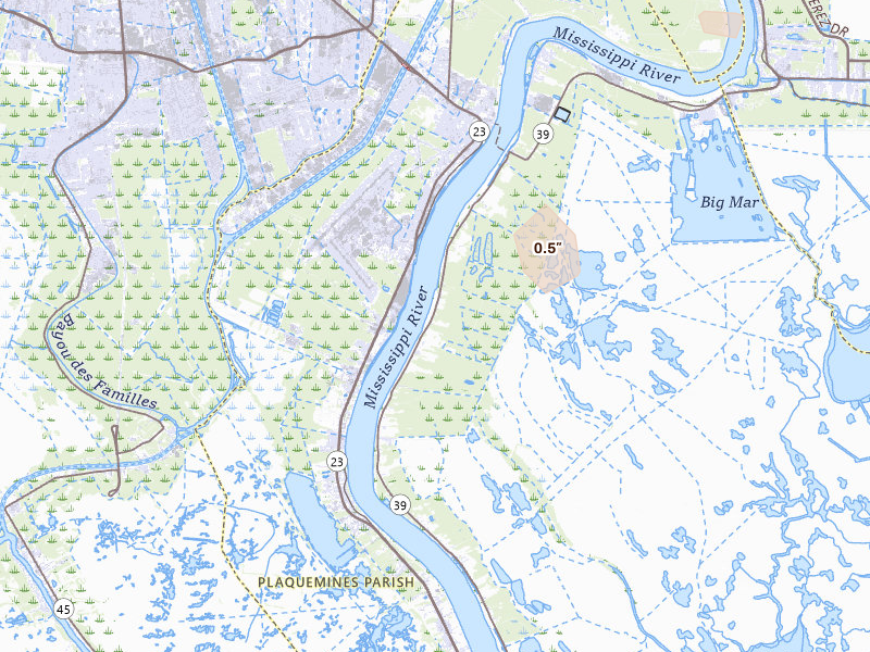 Radar-estimated hail-size map of the storm over Braithwaite, LA on Jun 25, 2026
