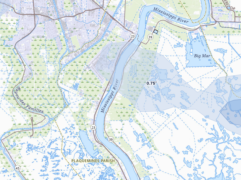 NEXRAD radar-signature map of the hail storm over Braithwaite, LA on Jul 5, 2026