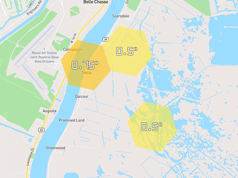 Hail map of Braithwaite, LA on Jul 5, 2026, hail up to 0.75"