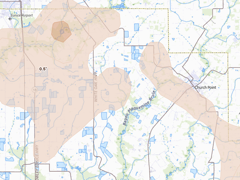 Radar-estimated hail-size map of the storm over Branch, LA on Aug 21, 2026
