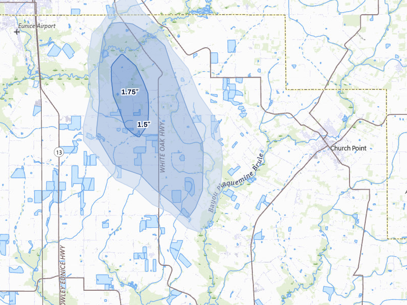 NEXRAD radar-signature map of the hail storm over Branch, LA on Aug 21, 2026