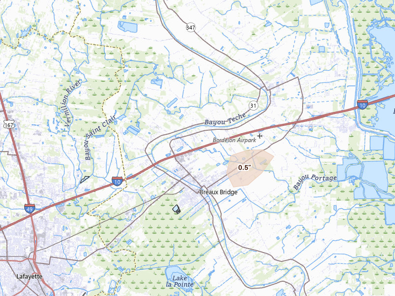Radar-estimated hail-size map of the storm over Breaux Bridge, LA on Jun 20, 2026