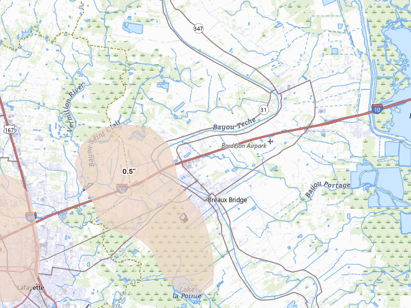 Radar-estimated hail-size map of the storm over Breaux Bridge, LA on Jul 5, 2026