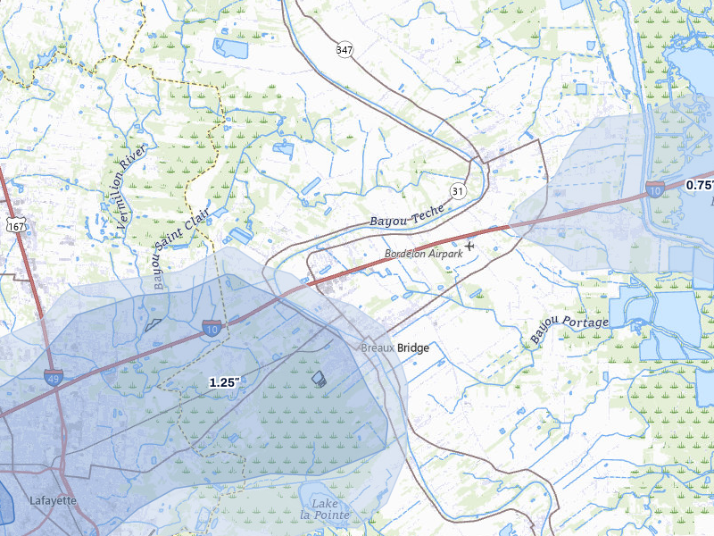 NEXRAD radar-signature map of the hail storm over Breaux Bridge, LA on Jul 5, 2026