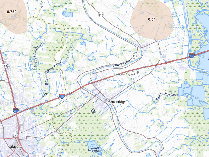 Radar-estimated hail-size map of the storm over Breaux Bridge, LA on Jul 7, 2026