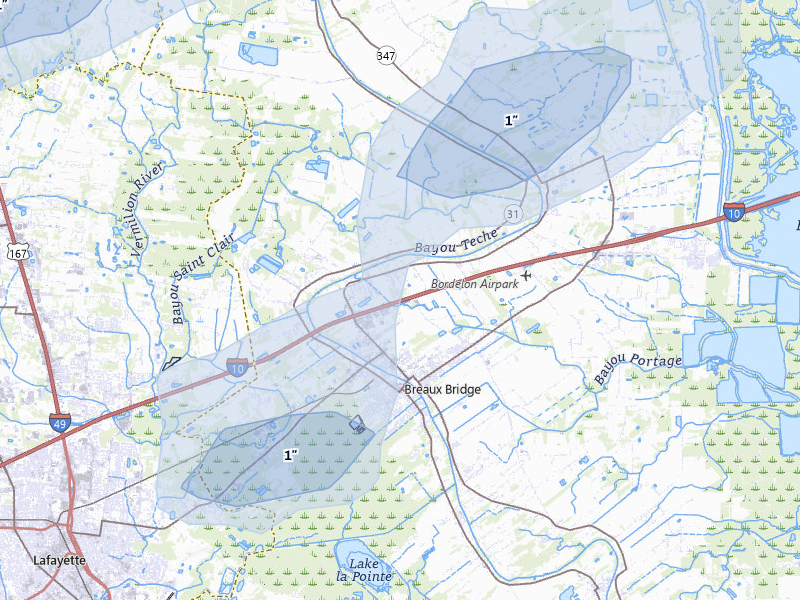 NEXRAD radar-signature map of the hail storm over Breaux Bridge, LA on Jul 7, 2026