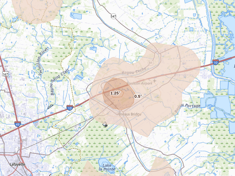 Radar-estimated hail-size map of the storm over Breaux Bridge, LA on Aug 21, 2026