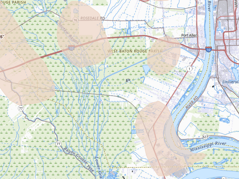 Radar-estimated hail-size map of the storm over Brusly, LA on Jul 5, 2026