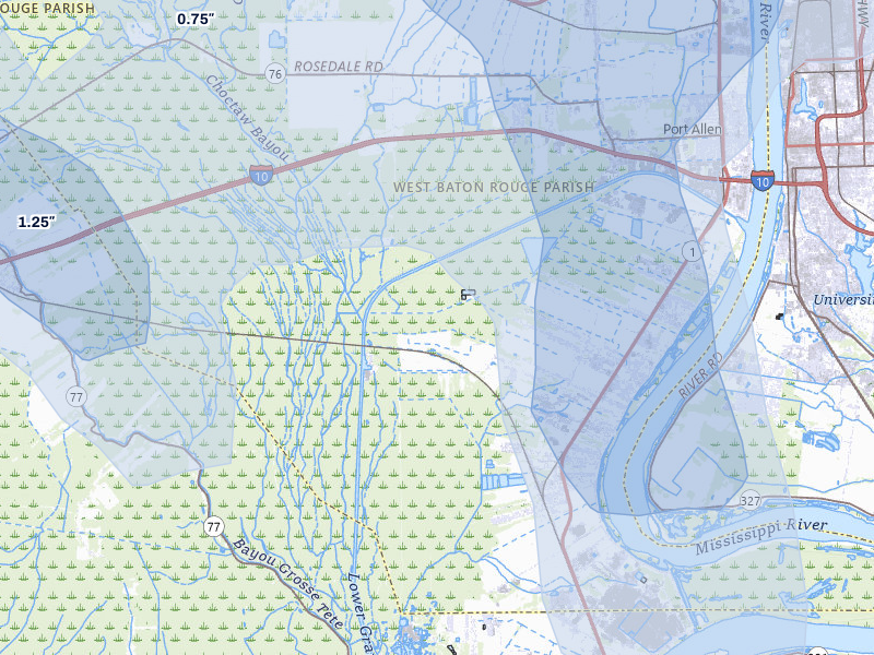 NEXRAD radar-signature map of the hail storm over Brusly, LA on Jul 5, 2026