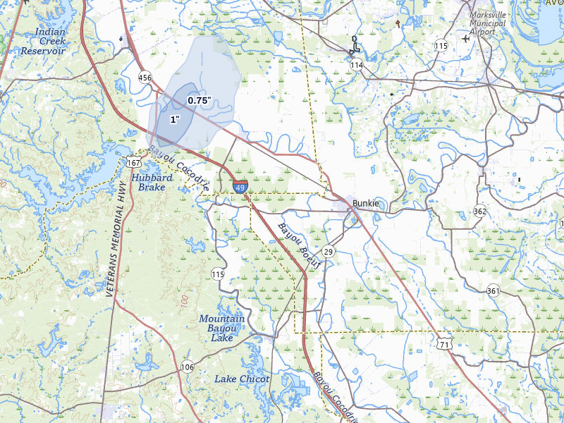 NEXRAD radar-signature map of the hail storm over Bunkie, LA on Mar 7, 2026