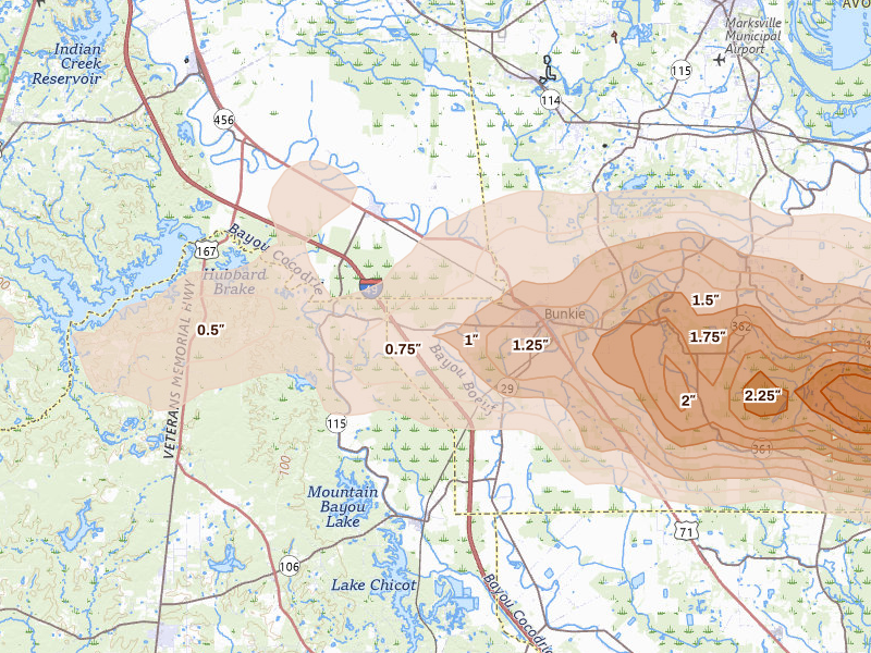 Radar-estimated hail-size map of the storm over Bunkie, LA on May 8, 2026