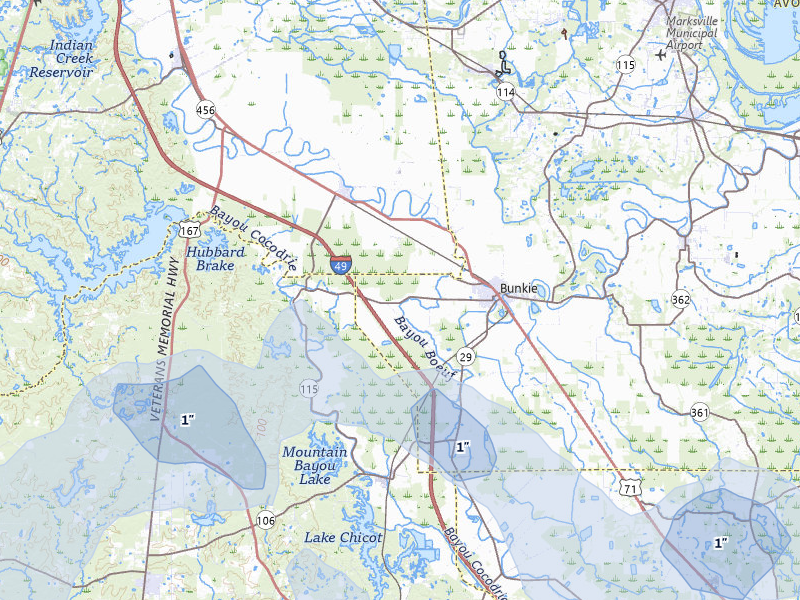 NEXRAD radar-signature map of the hail storm over Bunkie, LA on Jul 5, 2026