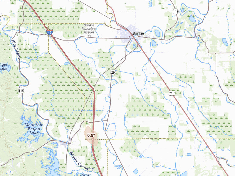 Radar-estimated hail-size map of the storm over Bunkie, LA on Aug 10, 2026