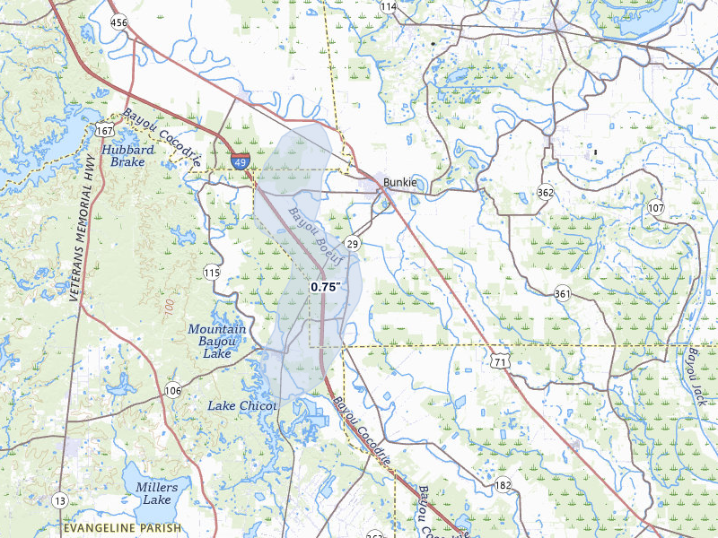 NEXRAD radar-signature map of the hail storm over Bunkie, LA on Aug 10, 2026