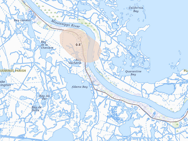 Radar-estimated hail-size map of the storm over Buras, LA on Jun 24, 2026
