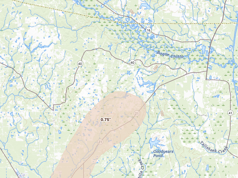 Radar-estimated hail-size map of the storm over Bush, LA on Jul 5, 2026