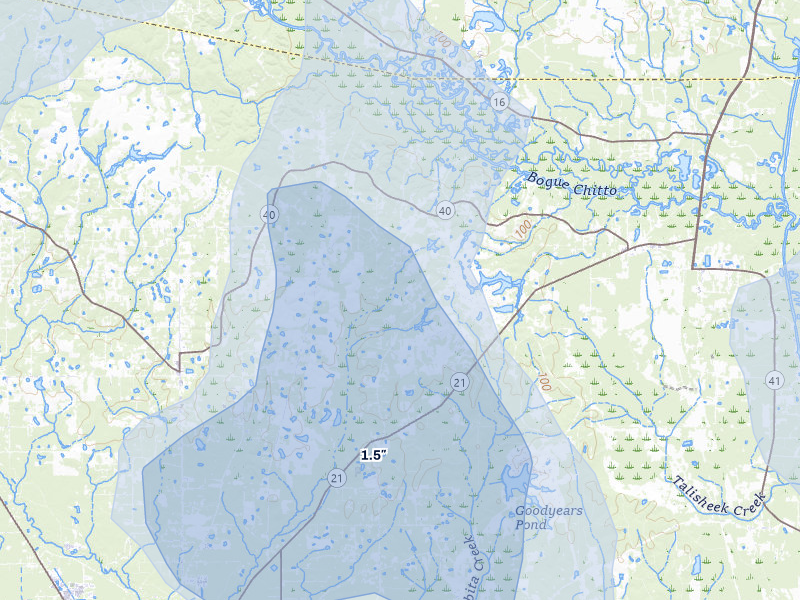 NEXRAD radar-signature map of the hail storm over Bush, LA on Jul 5, 2026