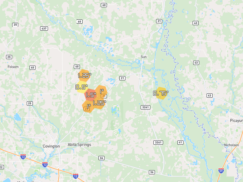 Hail map of Bush, LA on Jul 5, 2026, hail up to 1.5"