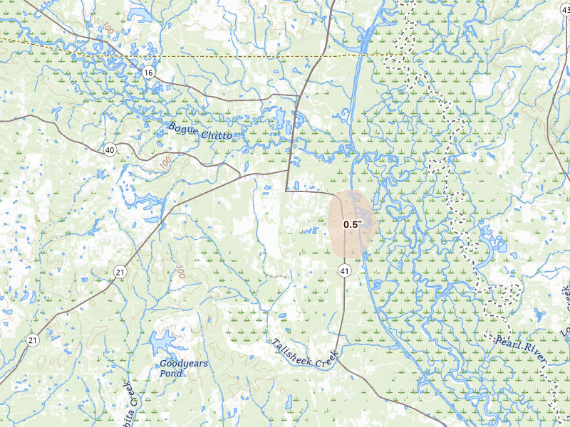 Radar-estimated hail-size map of the storm over Bush, LA on Aug 25, 2026