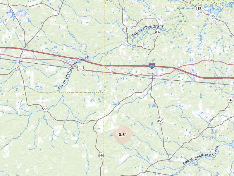 Radar-estimated hail-size map of the storm over Calhoun, LA on Jun 19, 2026
