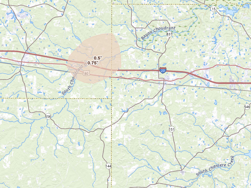 Radar-estimated hail-size map of the storm over Calhoun, LA on Jul 4, 2026