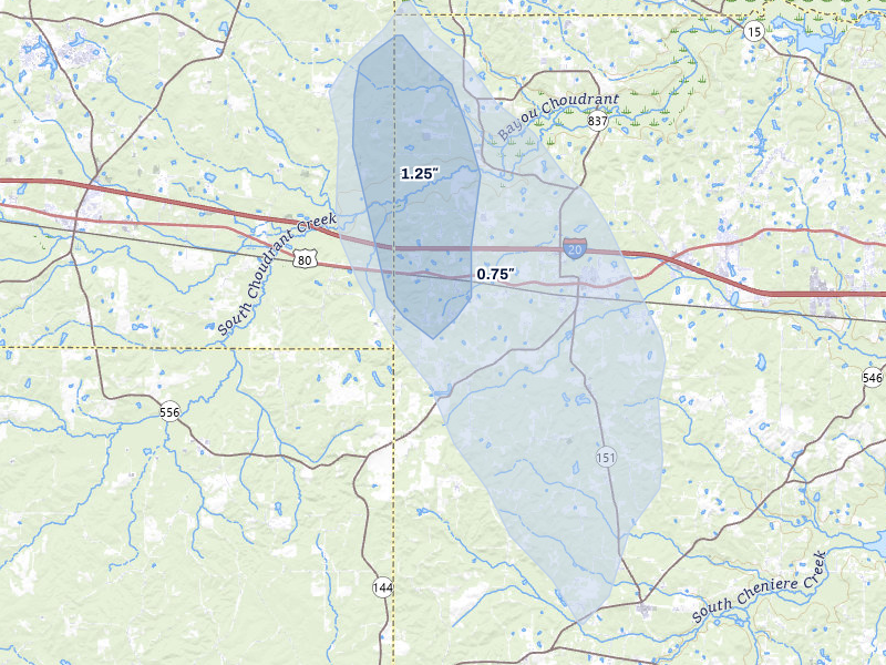 NEXRAD radar-signature map of the hail over Calhoun, LA