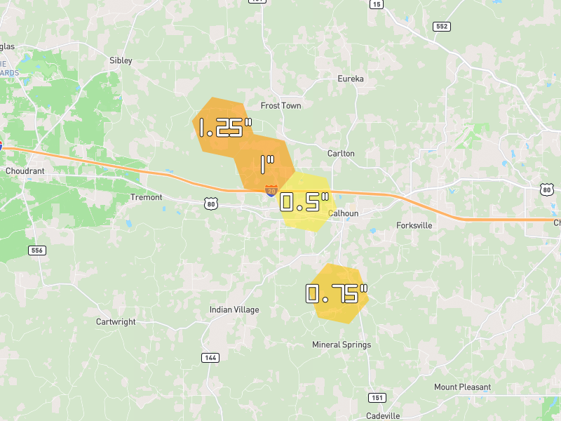 Hail map of Calhoun, LA on Jul 4, 2026, hail up to 1.25"