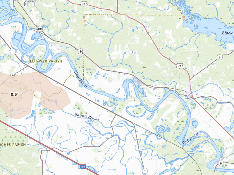 Radar-estimated hail-size map of the storm over Campti, LA on Mar 15, 2026