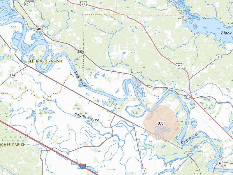 Radar-estimated hail-size map of the storm over Campti, LA on Jul 6, 2026