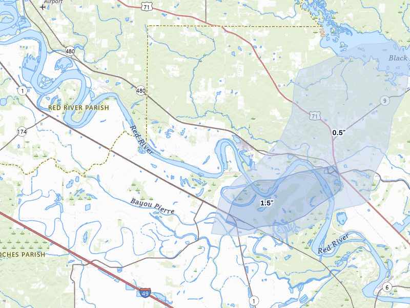 NEXRAD radar-signature map of the hail storm over Campti, LA on Jul 6, 2026