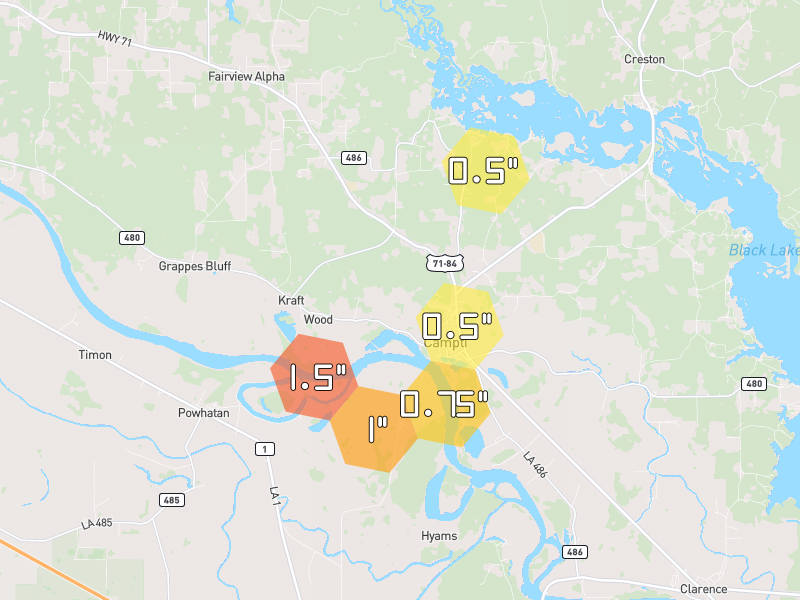Hail map of Campti, LA on Jul 6, 2026, hail up to 1.5"