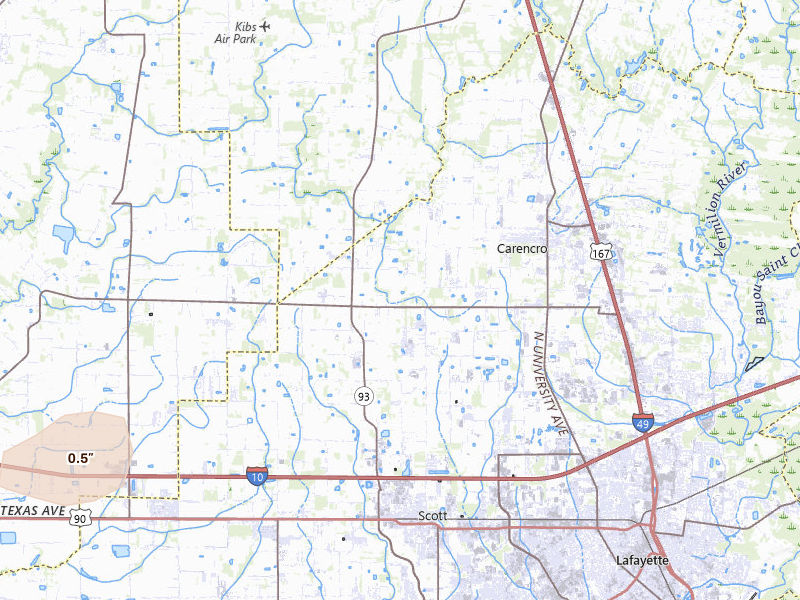 Radar-estimated hail-size map of the storm over Carencro, LA on May 10, 2026