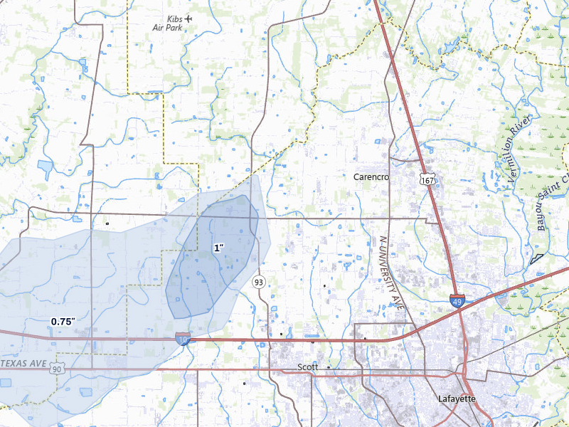NEXRAD radar-signature map of the hail storm over Carencro, LA on May 10, 2026