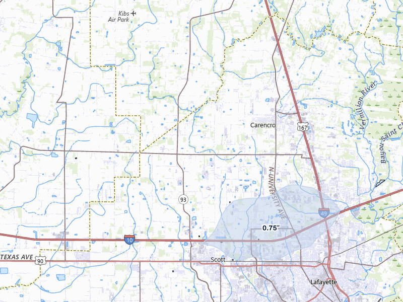 NEXRAD radar-signature map of the hail storm over Carencro, LA on Jul 8, 2026