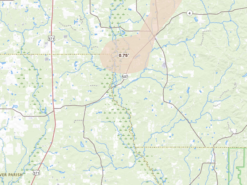 Radar-estimated hail-size map of the storm over Castor, LA on Aug 6, 2026