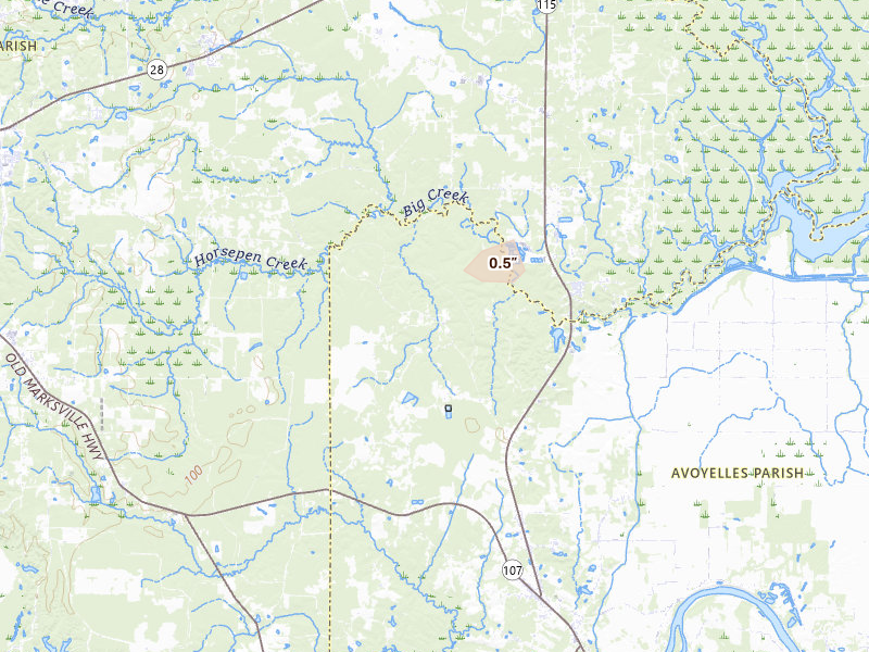 Radar-estimated hail-size map of the storm over Center Point, LA on Apr 4, 2026