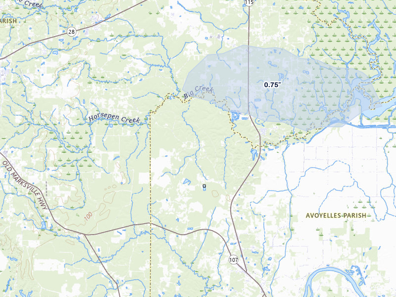 NEXRAD radar-signature map of the hail storm over Center Point, LA on Apr 4, 2026