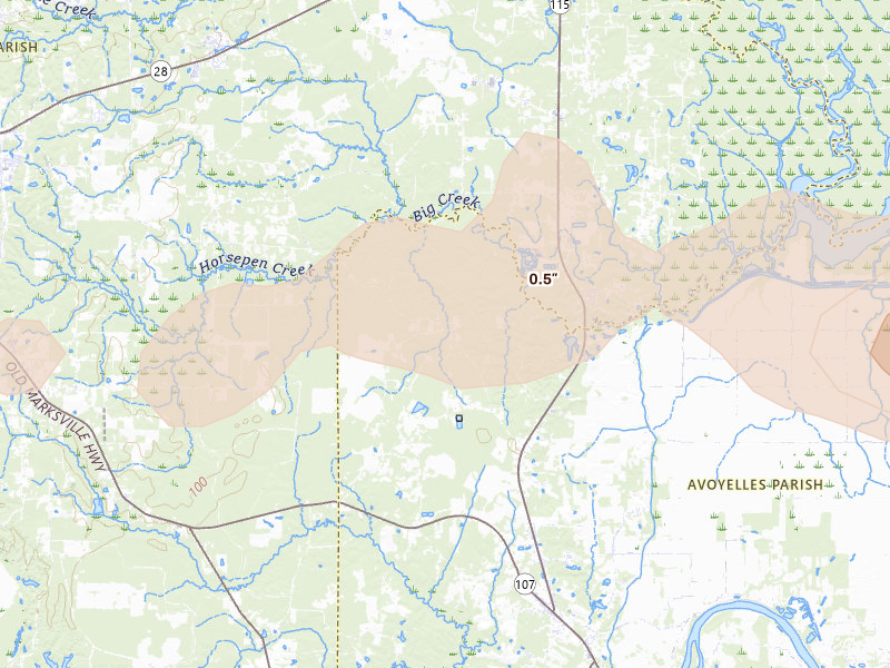 Radar-estimated hail-size map of the storm over Center Point, LA on May 6, 2026