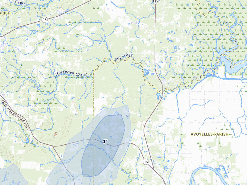 NEXRAD radar-signature map of the hail over Center Point, LA